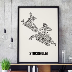 STOCKHOLM Buchstabenort Siebdruck Poster Typografie, Typo Stadtplan, Buchstaben Karte, Stadtteile Grafik, Städte Bilder, Plakat