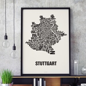STUTTGART Buchstabenort Siebdruck Poster Typografie, Typo Stadtplan, Buchstaben Karte, Stadtteile Grafik, Städte Bilder, Plakat