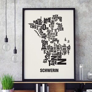 SCHWERIN Buchstabenort Siebdruck Poster Typografie, Typo Stadtplan, Buchstaben Karte, Stadtteile Grafik, Städte Bilder, Plakat