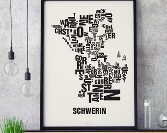 SCHWERIN Letter Location Screen Printing Poster Typography, Typo City Map, Letters Map, Districts Graphics, Cities Pictures, Poster