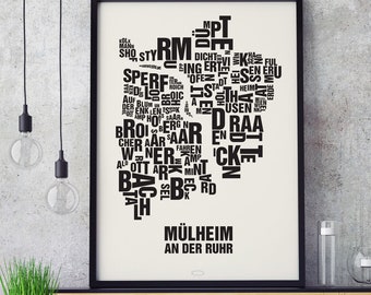 MÜLHEIM/RUHR letter location screenprint poster typography, typo city map, letter map, district graphics, city pictures, poster