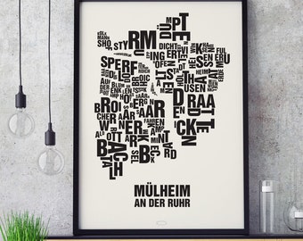 MÜLHEIM/RUHR letter location screenprint poster typography, typo city map, letter map, district graphics, city pictures, poster