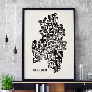 ISERLOHN Buchstabenort Siebdruck Poster Typografie, Typo Stadtplan, Buchstaben Karte, Stadtteile Grafik, Städte Bilder, Plakat