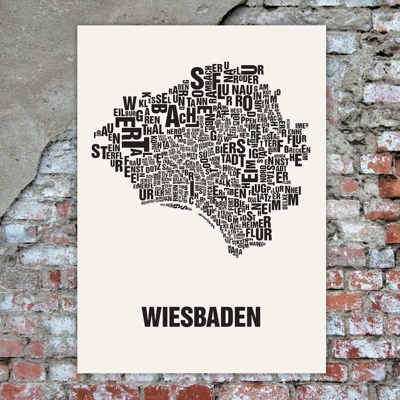 WIESBADEN letter location screenprint poster typography, typo city map, letter map, district graphics, city pictures, poster Siebdruck 50x70cm