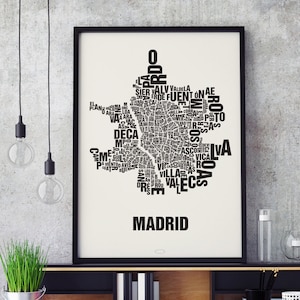 MADRID Spanien Buchstabenort Siebdruck Poster Typografie, Typo Stadtplan, Buchstaben Karte, Stadtteile Grafik, Städte Bilder, Plakat