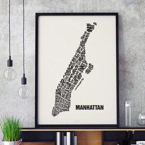 MANHATTAN New York City Buchstabenort Siebdruck Poster Typografie, Typo Stadtplan, Buchstaben Karte, Stadtteile Grafik, Städte Bilder