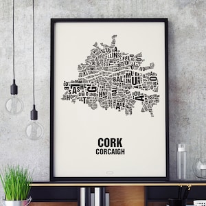 CORK Irland Buchstabenort Siebdruck Poster Typografie, Typo Stadtplan, Buchstaben Karte, Stadtteile Grafik, Städte Bilder, Plakat