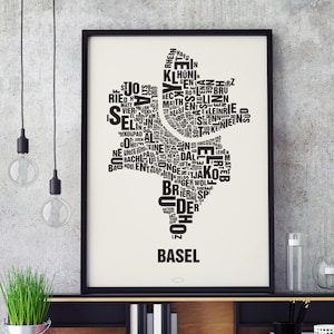 BASEL Buchstabenort Siebdruck Poster Typografie, Typo Stadtplan, Buchstaben Karte, Stadtteile Grafik, Städte Bilder, Plakat
