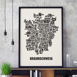 BRAUNSCHWEIG Buchstabenort Siebdruck Poster Typografie, Typo Stadtplan, Buchstaben Karte, Stadtteile Grafik, Städte Bilder, Plakat
