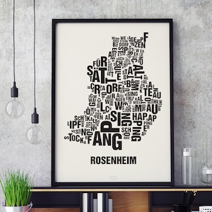 ROSENHEIM Buchstabenort Siebdruck Poster Typografie, Typo Stadtplan, Buchstaben Karte, Stadtteile Grafik, Städte Bilder, Plakat