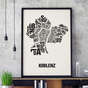 KOBLENZ Buchstabenort Siebdruck Poster Typografie, Typo Stadtplan, Buchstaben Karte, Stadtteile Grafik, Städte Bilder, Plakat
