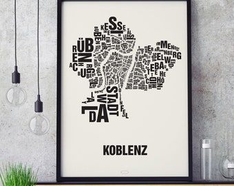 KOBLENZ Buchstabenort Siebdruck Poster Typografie, Typo Stadtplan, Buchstaben Karte, Stadtteile Grafik, Städte Bilder, Plakat