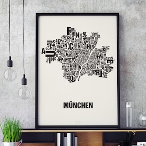MÜNCHEN Munich Buchstabenort Siebdruck Poster Typografie, Typo Stadtplan, Buchstaben Karte, Stadtteile Grafik, Städte Bilder, Plakat
