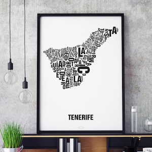 TENERIFFA TENERIFE Buchstabenort Siebdruck Poster Typografie, Typo Stadtplan, Buchstaben Karte, Stadtteile Grafik, Städte Bilder, Plakat