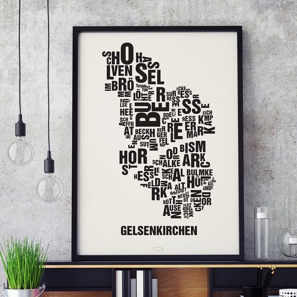 GELSENKIRCHEN Buchstabenort Siebdruck Poster Typografie, Typo Stadtplan, Buchstaben Karte, Stadtteile Grafik, Städte Bilder, Plakat