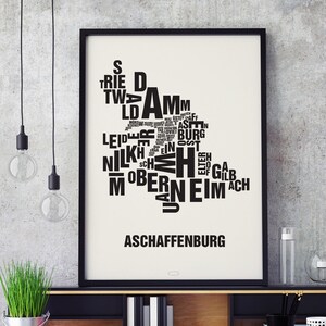 ASCHAFFENBURG Buchstabenort Siebdruck Poster Typografie, Typo Stadtplan, Buchstaben Karte, Stadtteile Grafik, Städte Bilder, Plakat