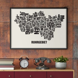 RUHRGEBIET Buchstabenort Siebdruck Poster Typografie, Typo Stadtplan, Buchstaben Karte, Stadtteile Grafik, Städte Bilder, Plakat