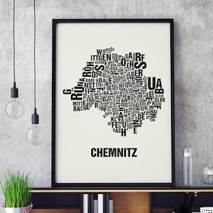 CHEMNITZ lokalizacja listu sitodruk typografia plakatu, literówka plan miasta, mapa listów, grafika dzielnicy, zdjęcia miasta, plakat