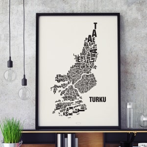 TURKU Finnland Buchstabenort Siebdruck Poster Typografie, Typo Stadtplan, Buchstaben Karte, Stadtteile Grafik, Städte Bilder, Plakat