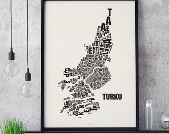 TURKU Finland Letter Location Screen Printing Poster Typography, Typo City Map, Letters Map, Districts Graphics, Cities Pictures, Poster