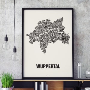 WUPPERTAL Buchstabenort Siebdruck Poster Typografie, Typo Stadtplan, Buchstaben Karte, Stadtteile Grafik, Städte Bilder, Plakat