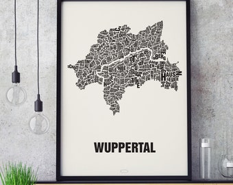JUNIWORDS Stadtposter Kunstdruck Plan Map Wuppertal Schwarz