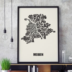 MEIßEN Buchstabenort Siebdruck Poster Typografie, Typo Stadtplan, Buchstaben Karte, Stadtteile Grafik, Städte Bilder, Plakat