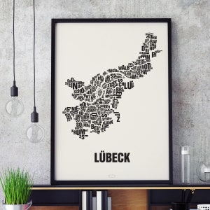 LÜBECK Buchstabenort Siebdruck Poster Typografie, Typo Stadtplan, Buchstaben Karte, Stadtteile Grafik, Städte Bilder, Plakat