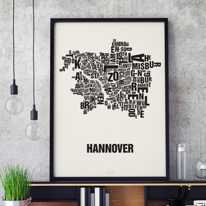 HANNOVER Buchstabenort Siebdruck Poster Typografie, Typo Stadtplan, Buchstaben Karte, Stadtteile Grafik, Städte Bilder, Plakat
