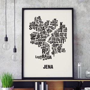 JENA Buchstabenort Siebdruck Poster Typografie, Typo Stadtplan, Buchstaben Karte, Stadtteile Grafik, Städte Bilder, Plakat
