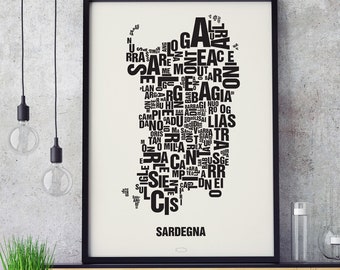 SARDENGNA Letter Location Screen Printing Poster Typography, Typo City Map, Letters Map, Districts Graphics, Cities Pictures, Poster