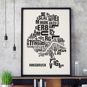INNSBRUCK Buchstabenort Siebdruck Poster Typografie, Typo Stadtplan, Buchstaben Karte, Stadtteile Grafik, Städte Bilder, Plakat