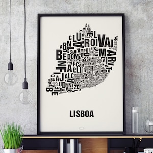 LISSABON Lisboa Portugal Buchstabenort Siebdruck Poster Typografie, Typo Stadtplan, Buchstaben Karte, Stadtteile Grafik, Städte Bilder