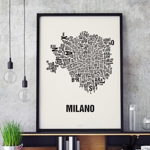 MILAN Milano lettre emplacement sérigraphie affiche typographie, typo carte de la ville, carte de la lettre, graphiques de district, photos de la ville, affiche