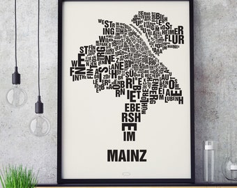 MAINZ Letter Location Screen Printing Poster Typography, Typo City Map, Letters Map, Districts Graphics, Cities Pictures, Poster