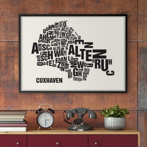 CUXHAVEN Buchstabenort Siebdruck Poster Typografie, Typo Stadtplan, Buchstaben Karte, Stadtteile Grafik, Städte Bilder, Plakat