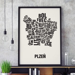 PLZEN Pilsen Buchstabenort Siebdruck Poster Typografie, Typo Stadtplan, Buchstaben Karte, Stadtteile Grafik, Städte Bilder, Plakat