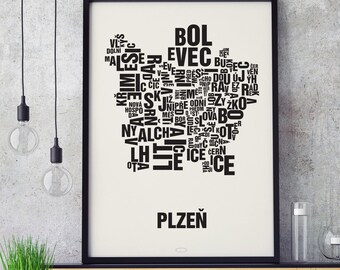 PLZEN Pilsen Letter Location Screen Printing Poster Typography, Typo City Map, Letters Map, Districts Graphics, Cities Pictures, Poster
