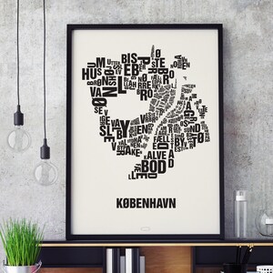 KOPENHAGEN København Buchstabenort Siebdruck Poster Typografie, Typo Stadtplan, Buchstaben Karte, Stadtteile Grafik, Städte Bilder, Plakat