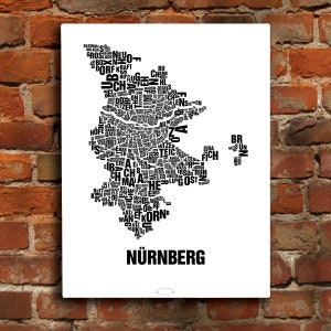 May include: A black and white word cloud map of Nuremberg, Germany. The map is made up of words related to the city, such as "N&uuml;rnberg", "Bayern", and "Franken".