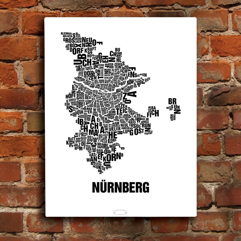 May include: A black and white word cloud map of Nuremberg, Germany. The map is made up of words related to the city, such as "N&uuml;rnberg", "Bayern", and "Franken".