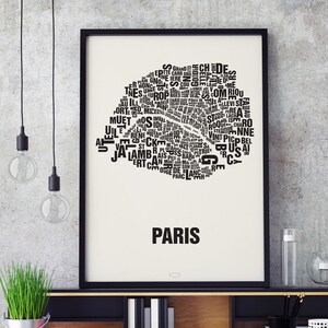PARIS Buchstabenort Siebdruck Poster Typografie, Typo Stadtplan, Buchstaben Karte, Stadtteile Grafik, Städte Bilder, Plakat