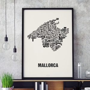 MALLORCA Buchstabenort Siebdruck Poster Typografie, Typo Stadtplan, Buchstaben Karte, Stadtteile Grafik, Städte Bilder, Plakat