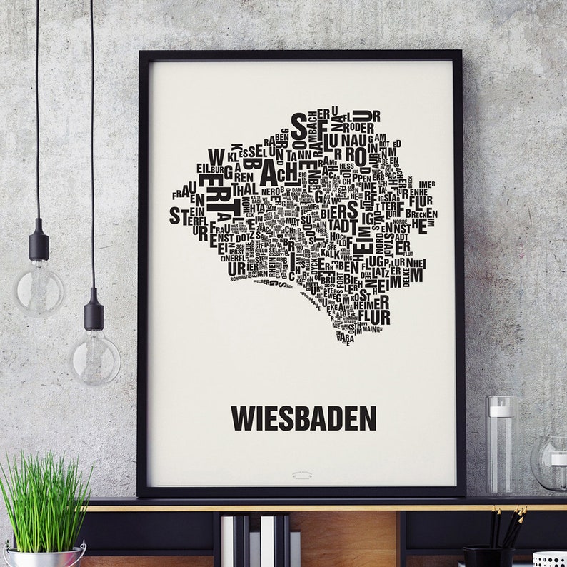 WIESBADEN letter location screenprint poster typography, typo city map, letter map, district graphics, city pictures, poster Siebdruck, gerahmt
