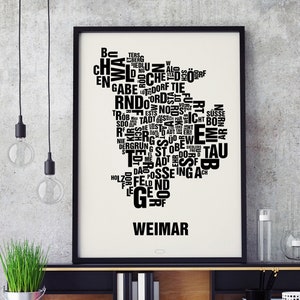 WEIMAR Buchstabenort Siebdruck Poster Typografie, Typo Stadtplan, Buchstaben Karte, Stadtteile Grafik, Städte Bilder, Plakat