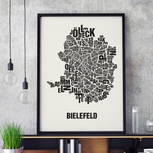 BIELEFELD Buchstabenort Siebdruck Poster Typografie, Typo Stadtplan, Buchstaben Karte, Stadtteile Grafik, Städte Bilder, Plakat
