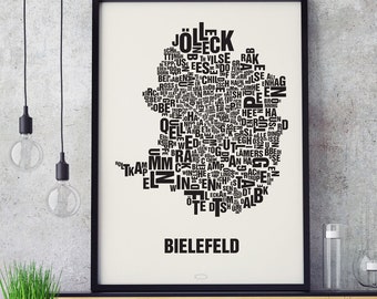 BIELEFELD Buchstabenort Siebdruck Poster Typografie, Typo Stadtplan, Buchstaben Karte, Stadtteile Grafik, Städte Bilder, Plakat