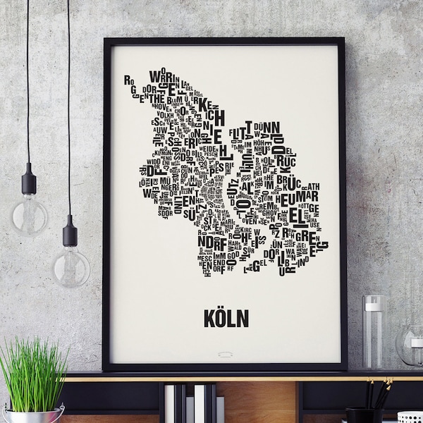 KÖLN Cologne letter location screenprint poster typography, typo city map, letter map, district graphics, city pictures, poster