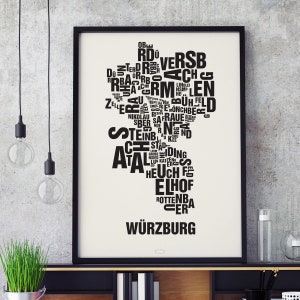 WÜRZBURG Buchstabenort Siebdruck Poster Typografie, Typo Stadtplan, Buchstaben Karte, Stadtteile Grafik, Städte Bilder, Plakat