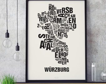 WÜRZBURG Letter Location Screen Printing Poster Typography, Typo City Map, Letters Map, Districts Graphics, Cities Pictures, Poster
